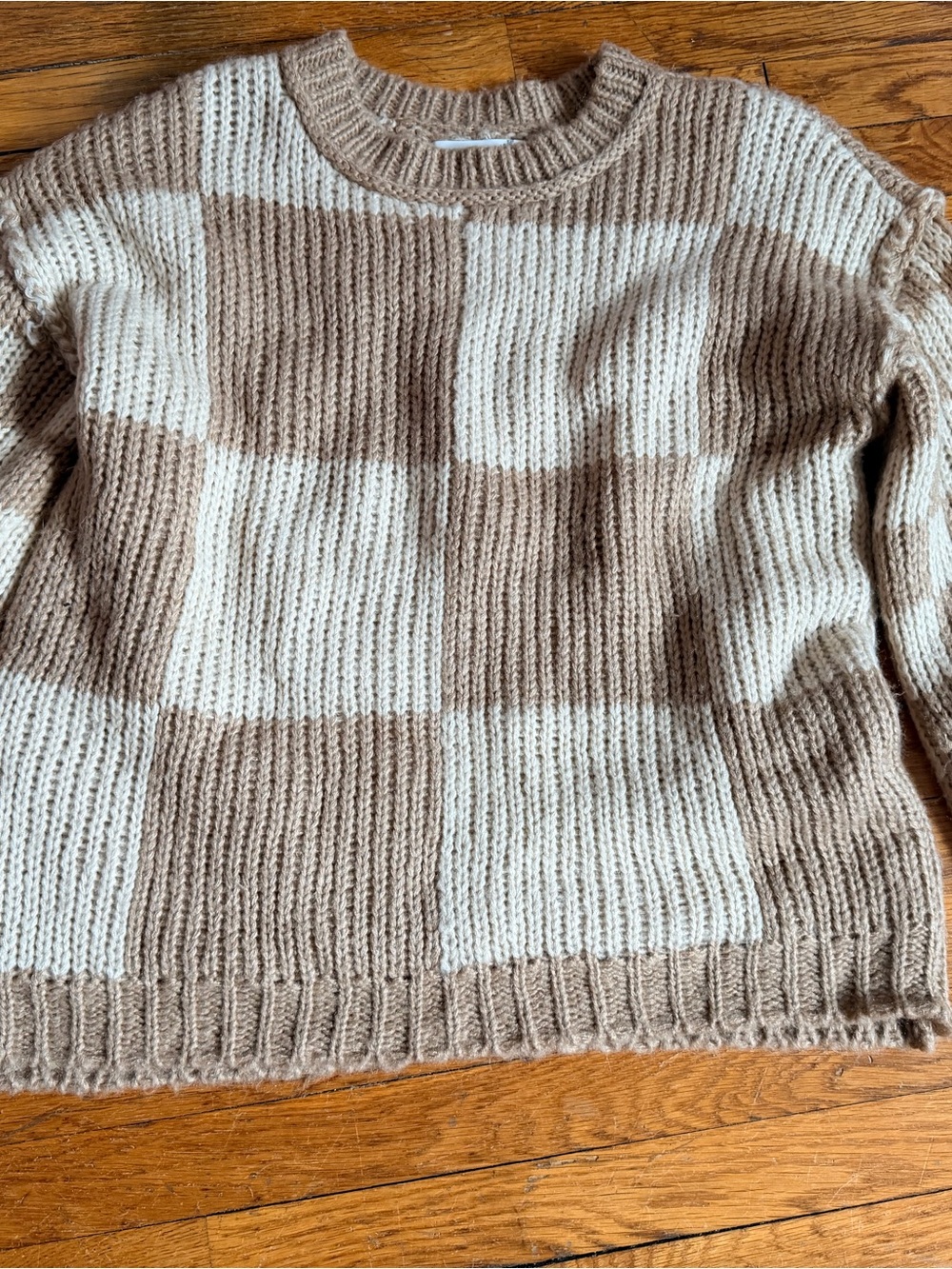 Altar'd State Neutral Block-Stripe Crewneck Sweater in Cream & Beige